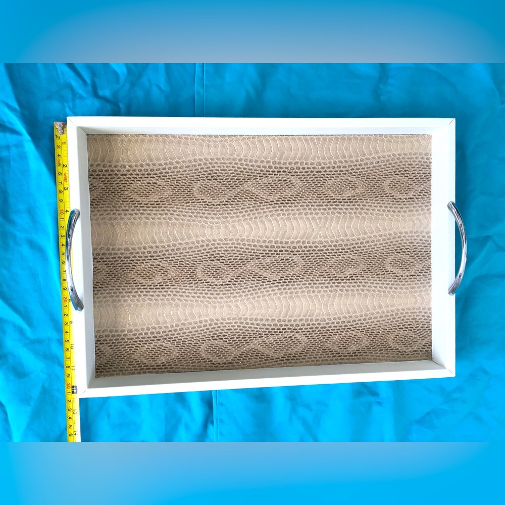 EUC Gorgeous large faux white leather with faux snake skin bottom serving trey.